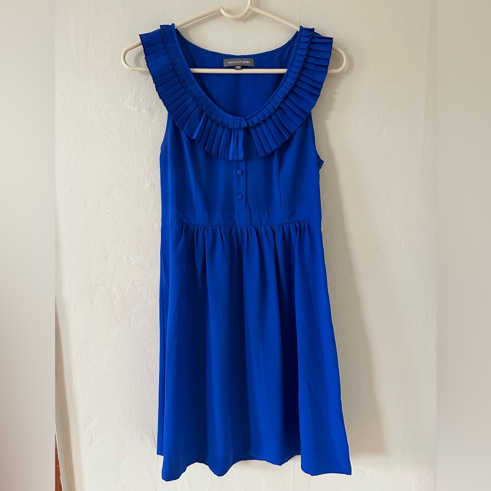 Blue midi sleeveless dress with ruffled collar, size 4 EU38